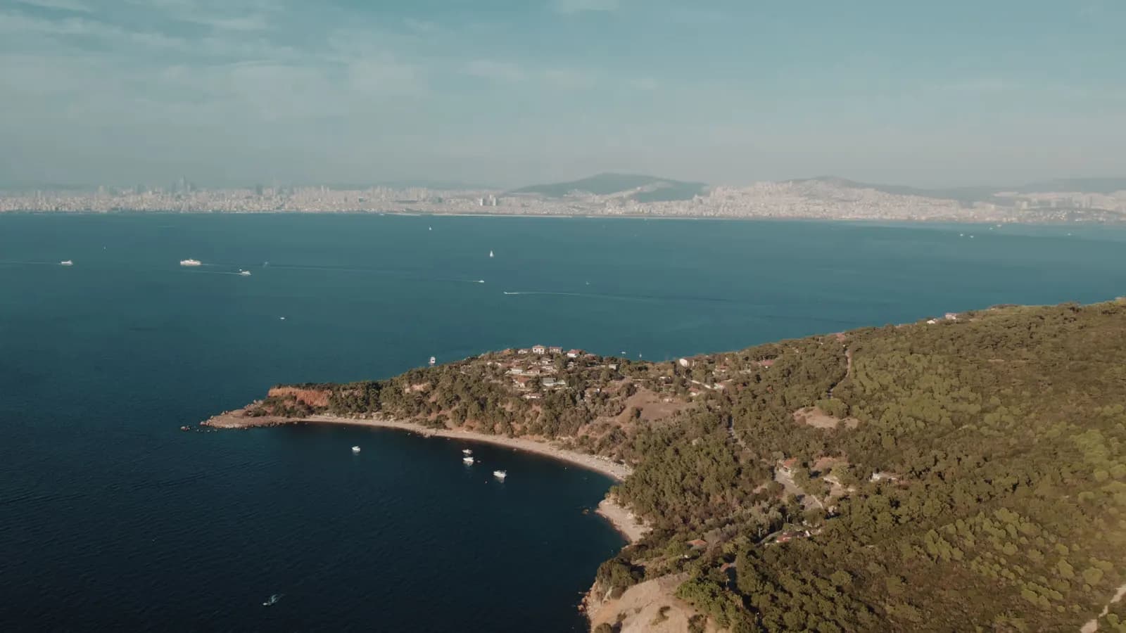Aerial view of a green peninsula, the Sea of Marmara and Istanbul's skyline in the distance