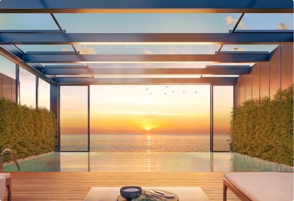 Rendering of a sea-view pool terrace at sunset
